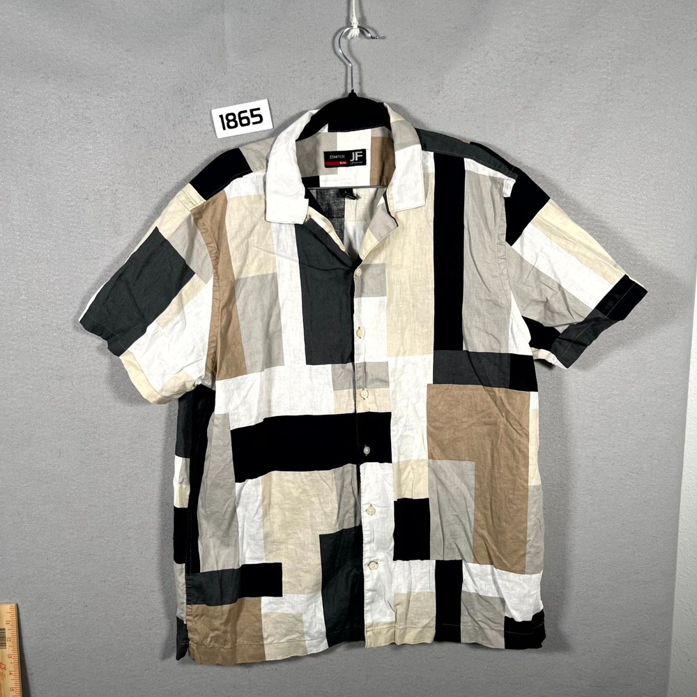 J.Ferrar Shirt Mens L Black Beige Geometric Art Stretch Slim Fit Linen Button Up
